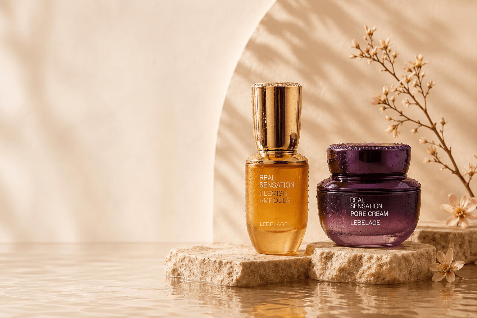 Lebelage Real Sensation Blemish Ampoule and Pore Cream staged on stone with cherry blossom